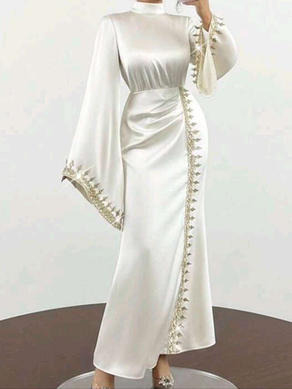Elegant Satin Maxi Dress with Gold Trim